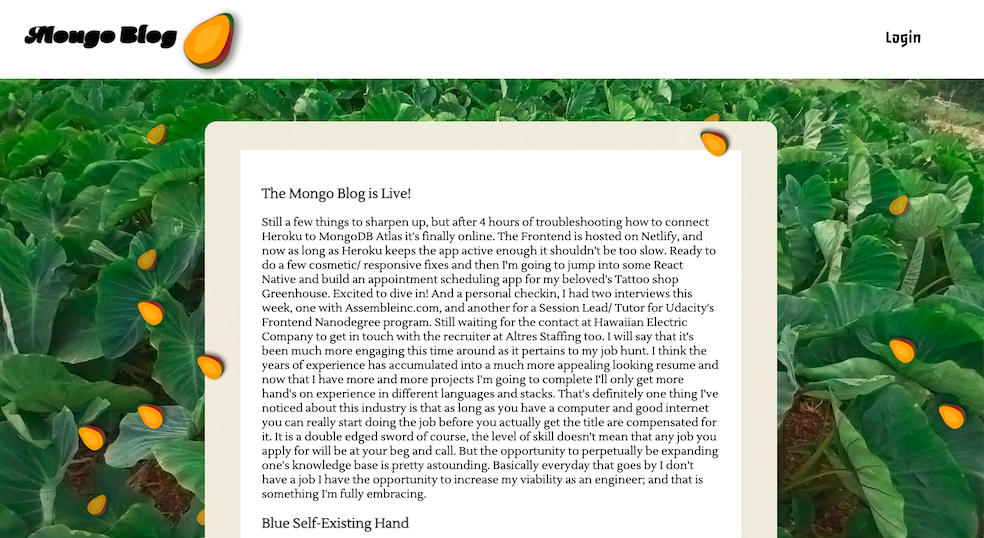 Mongo Blog homepage with falling mangos background